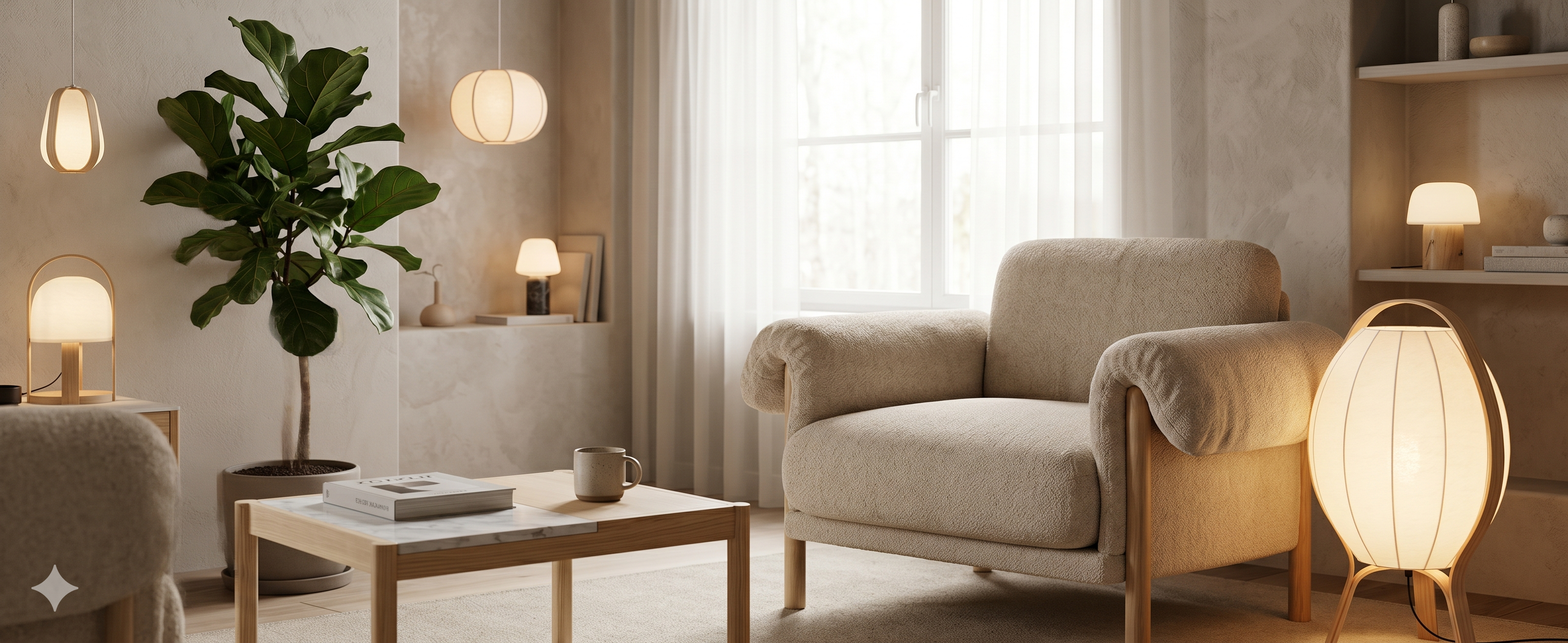Modern living room with beige armchair, wooden coffee table, and decorative elements.