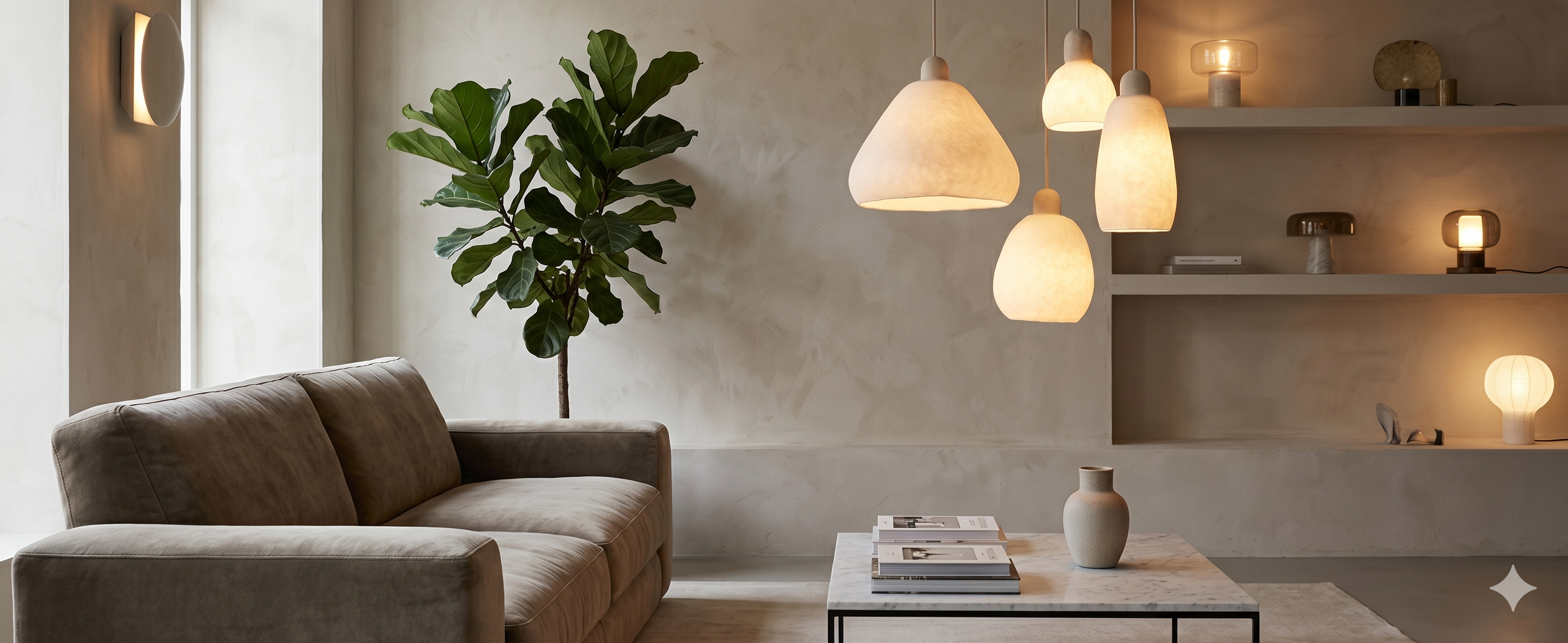 Modern living room with a brown sofa, decorative plant, and stylish lighting fixtures.