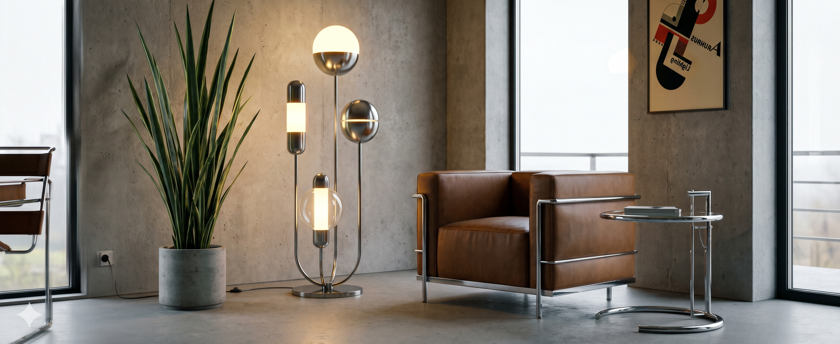 Modern living room with brown leather sofa, floor lamp, and potted plant.